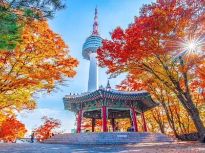 Namsan Tower and pavilion during the autumn leaves in Seoul, South Korea.